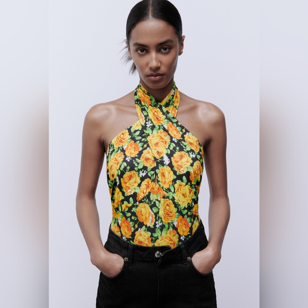 🌞NWOT Zara Twist Cross Neck floral halter Top bodysuit size S/M 0264/455/056 - Picture 7 of 14